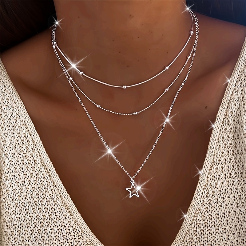 Women's Triple Layer Beaded Necklace with Star Pendant